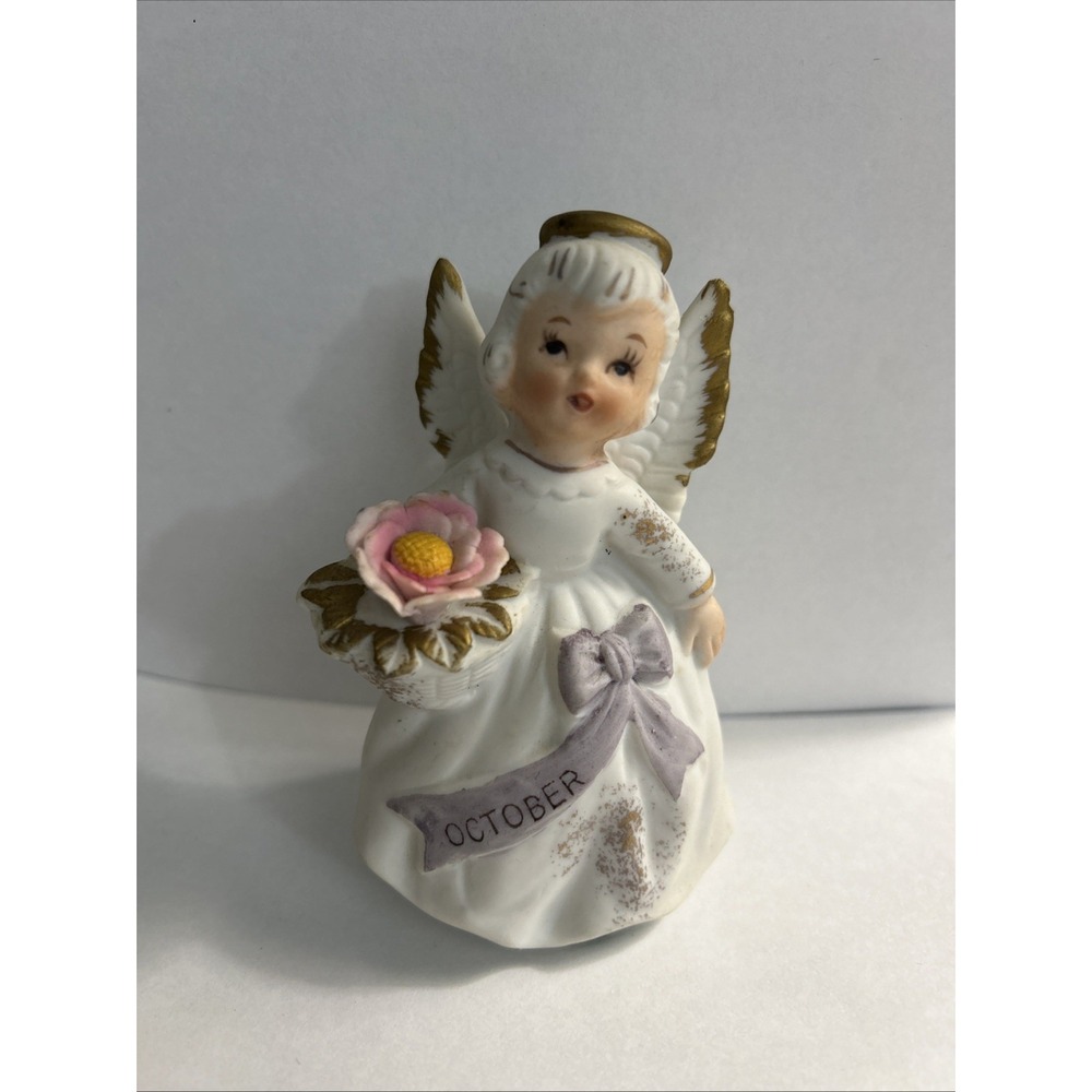 Vintage Lefton October 3332 Birthday Angel Figurine Ceramic Gold Accents 1516